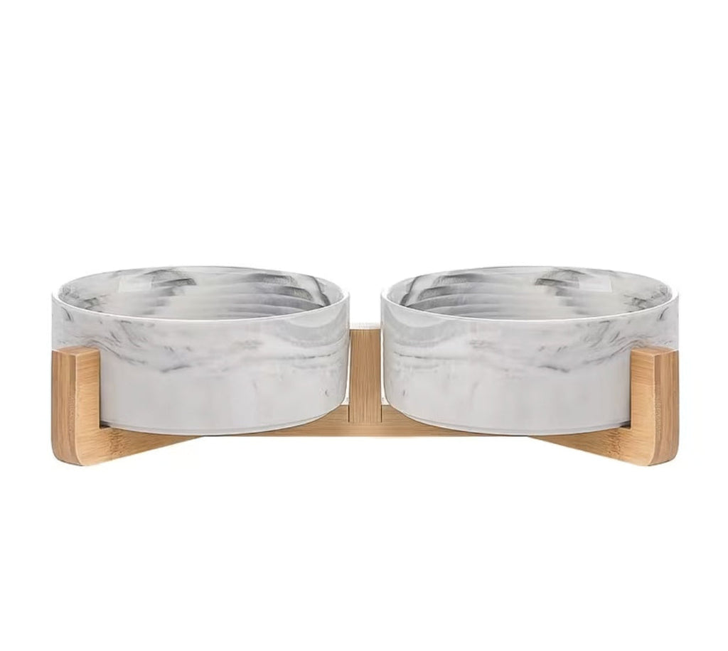 Marble Ceramic Pet Feeding Set with Elevated Bamboo Rack — 3 Piece