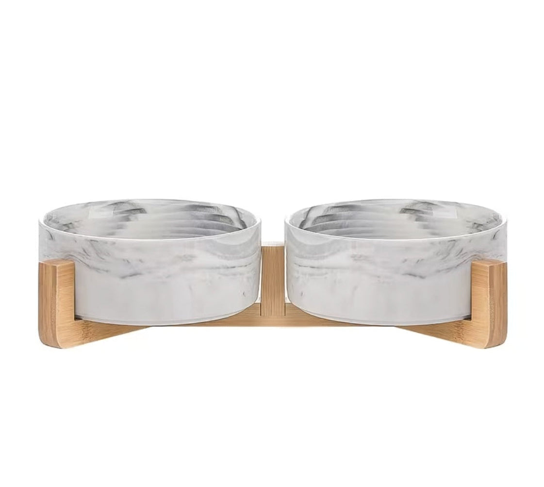 Marble Ceramic Pet Feeding Set with Elevated Bamboo Rack — 3 Piece