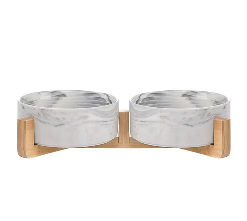 Marble Ceramic Pet Feeding Set with Elevated Bamboo Rack — 3 Piece